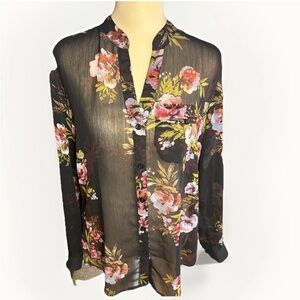 KUT From The Kloth Sheer Floral Blouse size Small Button Up Long Sleeve V Neck